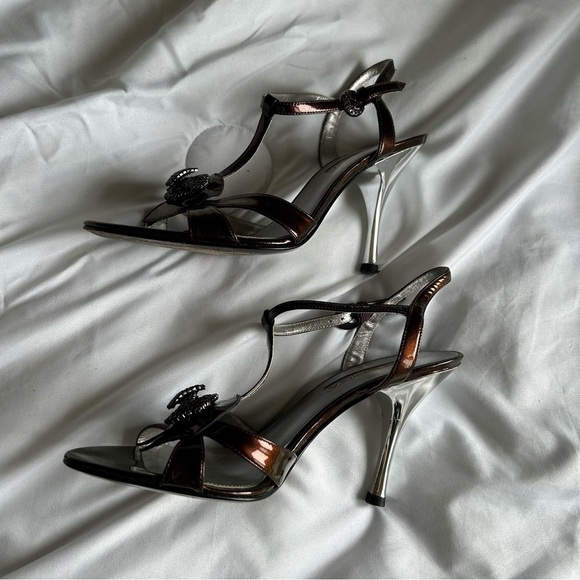 VIA SPIGA Women’s Paten Leather High Heel 6.5 T-Strap Rhinestone Brown Party - Picture 3 of 10